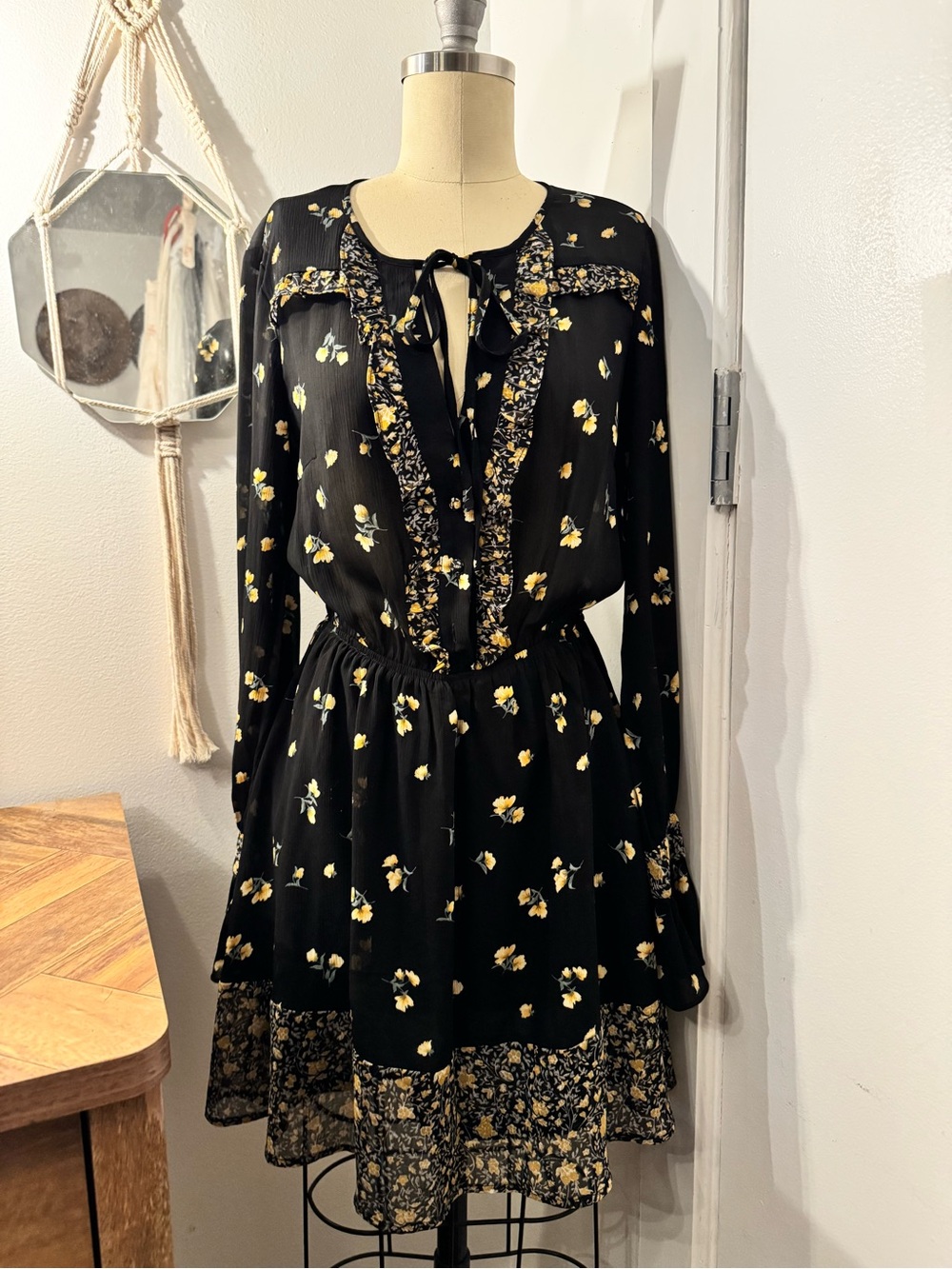 Black Floral Tie-Neck Long Sleeve Dress